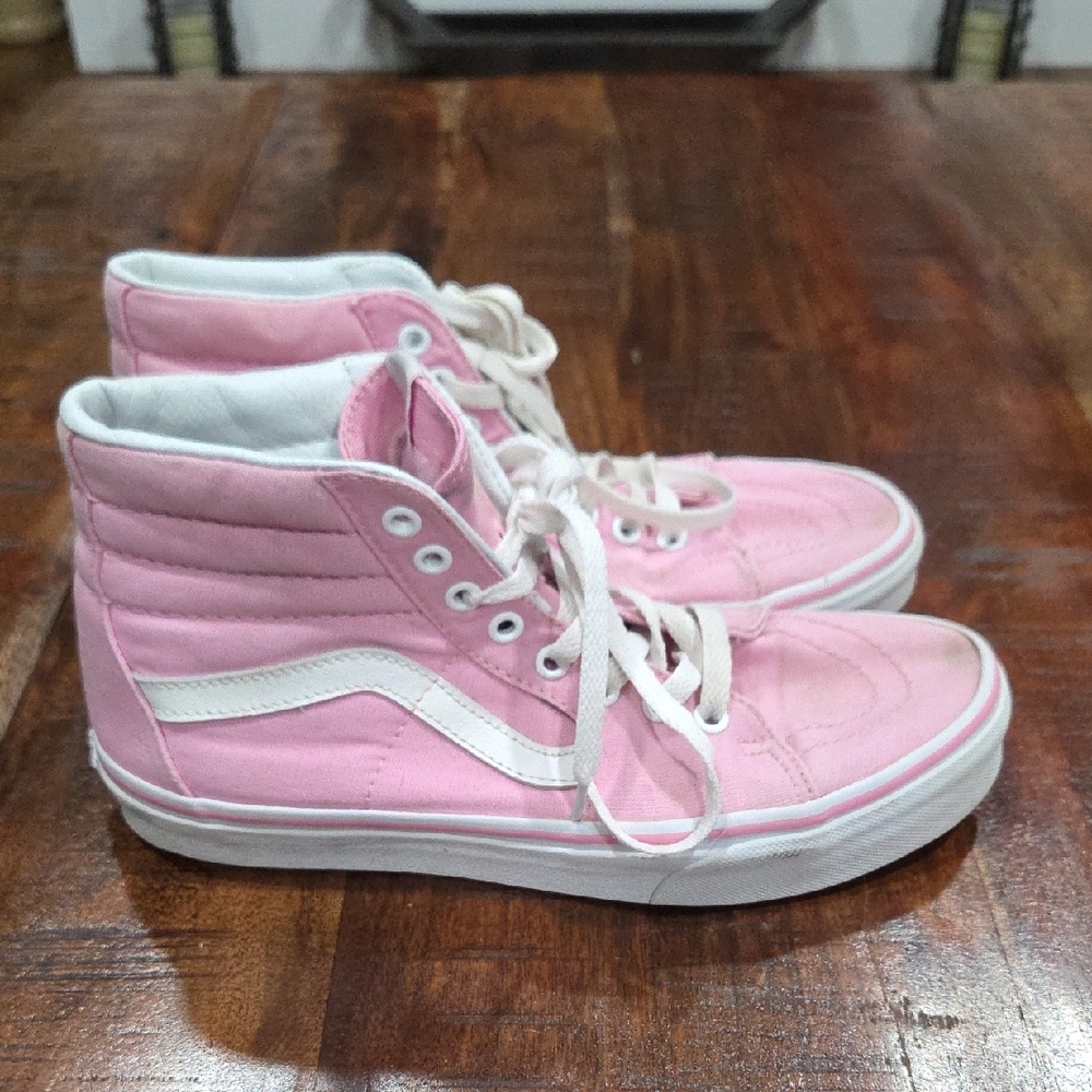 Vans Women's Pink and White High-Top Sneakers Size 9